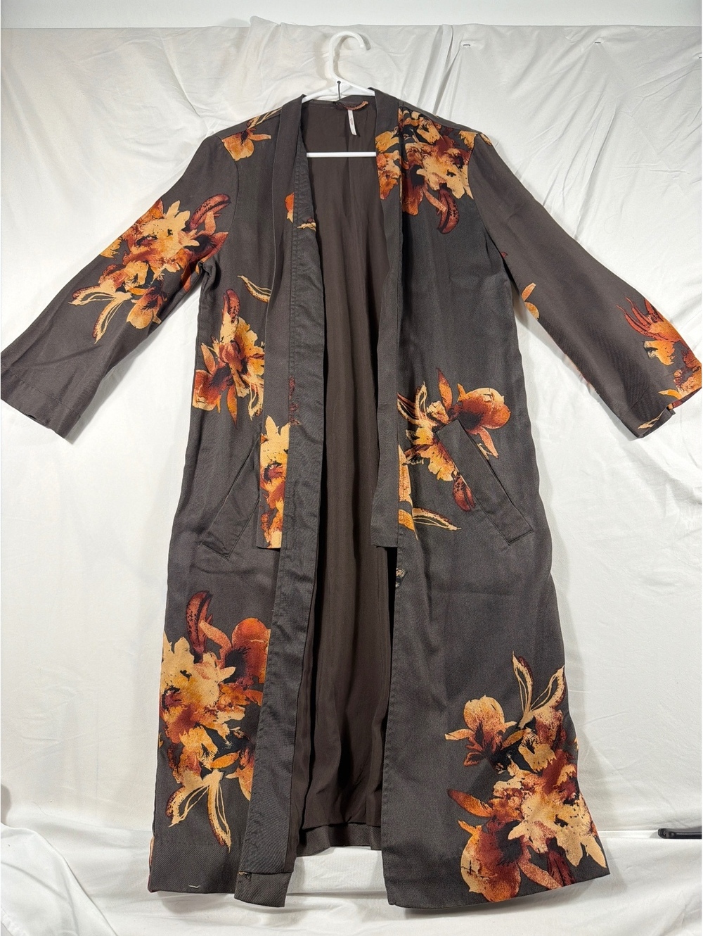 Free People Floral Pattern Brown Tencel Lyocell Long Coat Jacket Medium